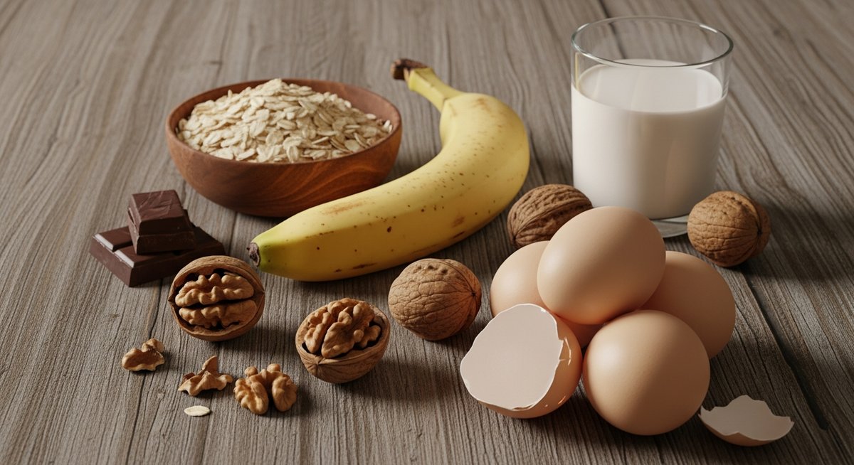 Aliments riches en tryptophane : œufs, noix, banane, flocons d'avoine, chocolat noir