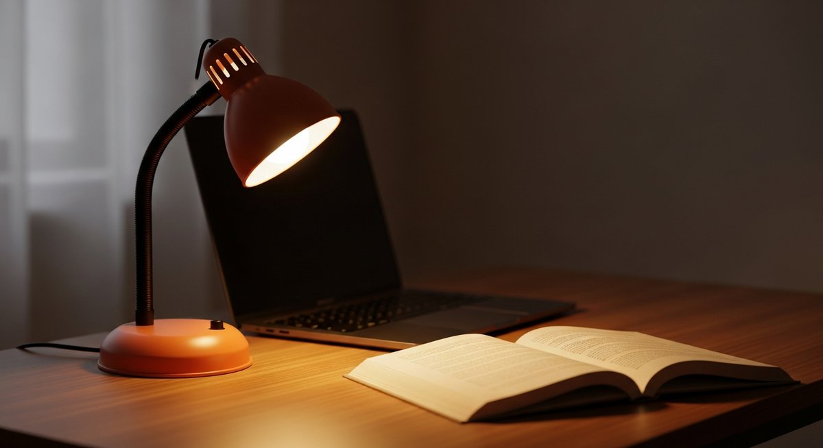 Lampe de bureau allumée le soir sur un bureau en bois, ordinateur fermé et livre ouvert