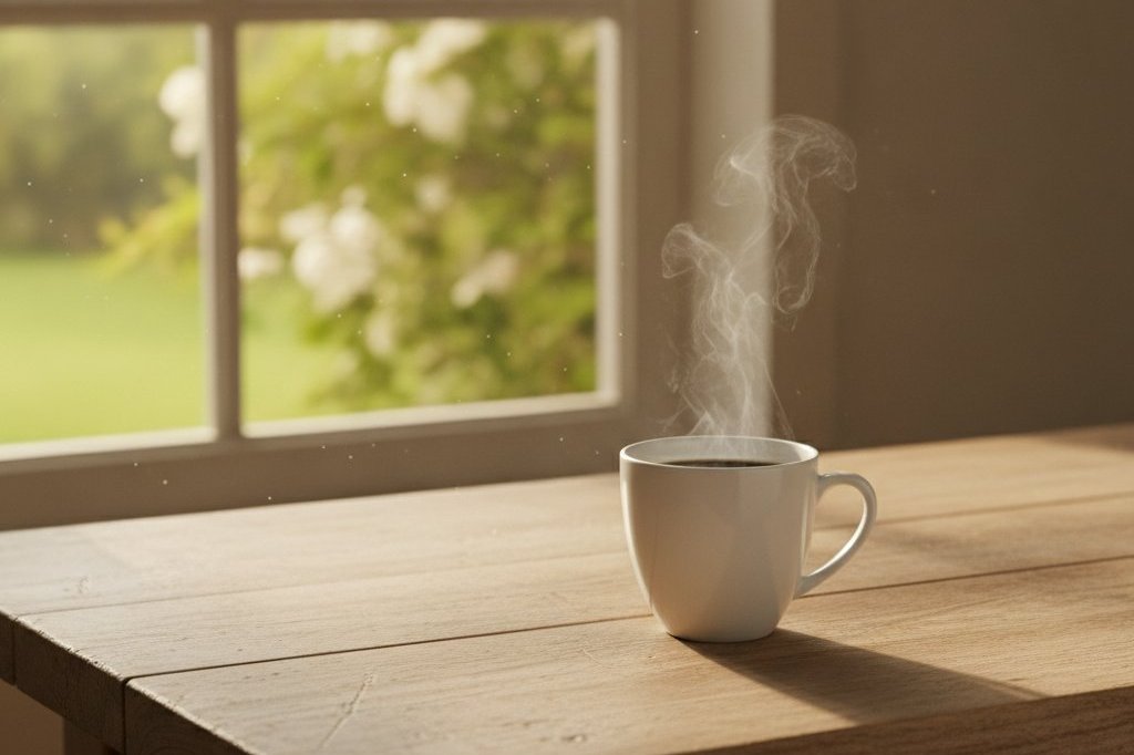 Tasse de café noir posée près d'une fenêtre le matin