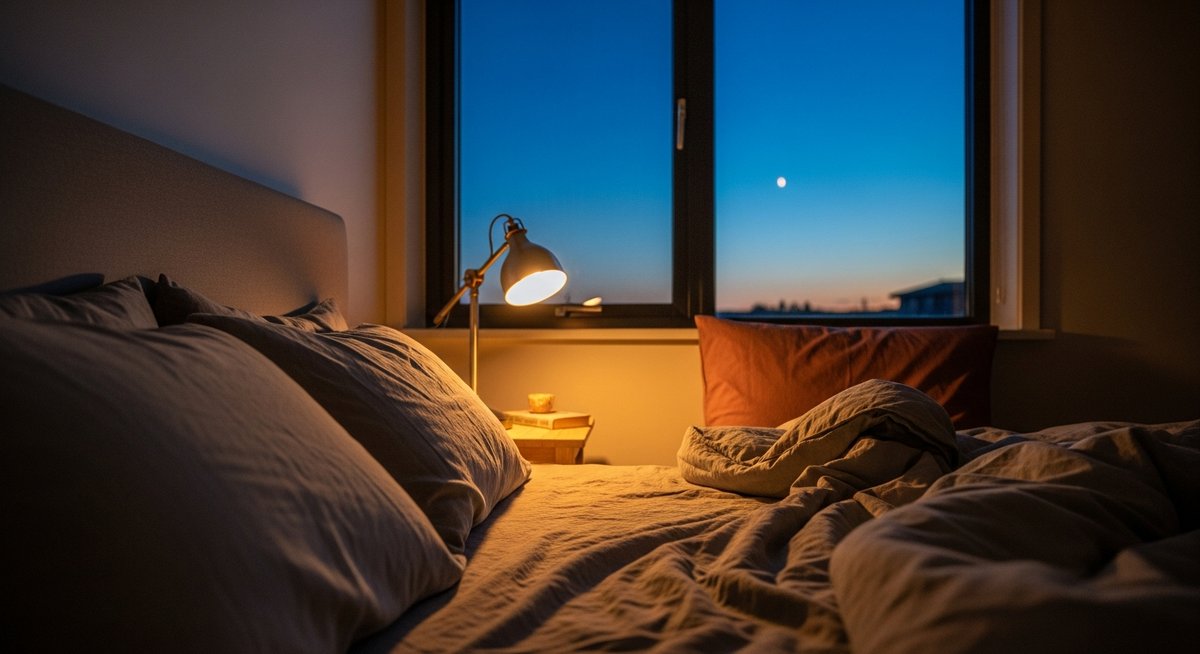 Chambre paisible au crépuscule, lampe de chevet allumée