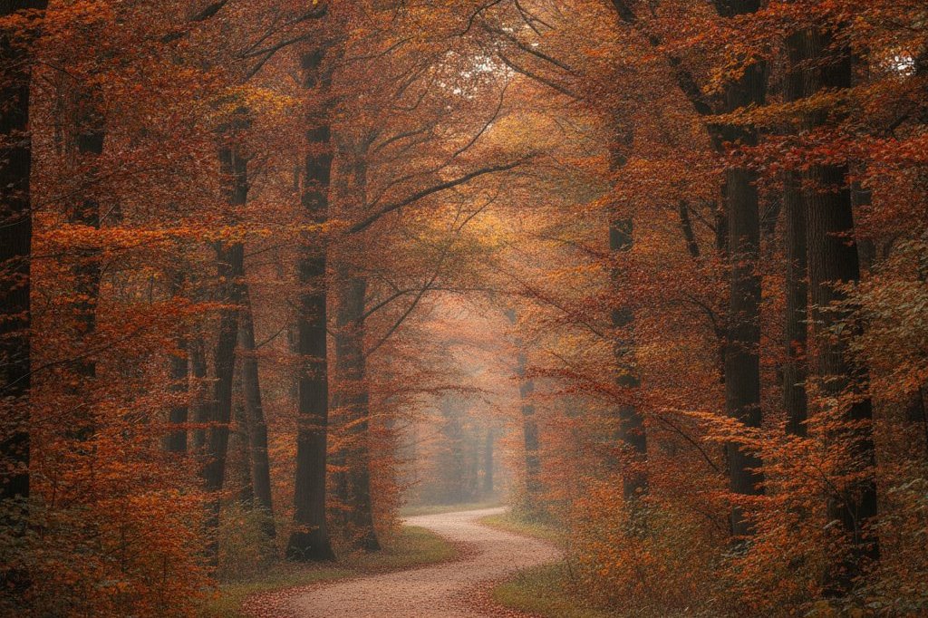 Allée de parc bordée d'arbres en automne, lumière douce