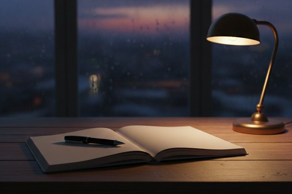 Carnet ouvert et stylo sur un bureau, lumière de lampe le soir