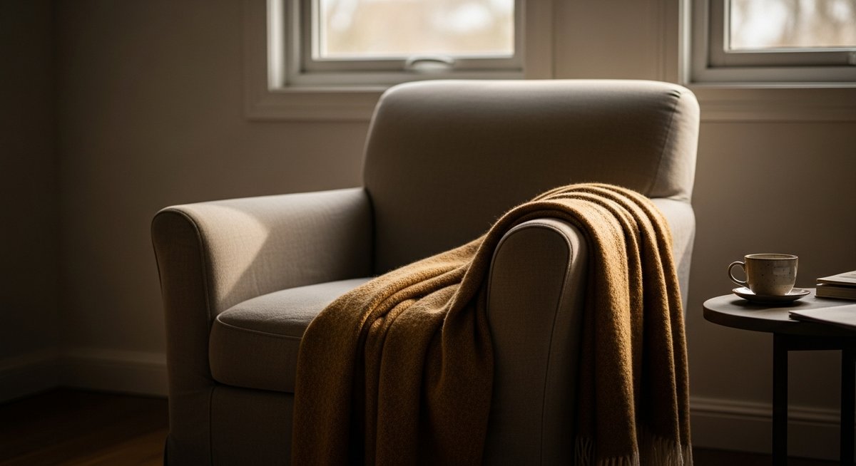 Fauteuil baigné de lumière près d'une fenêtre, plaid et tasse posés à côté