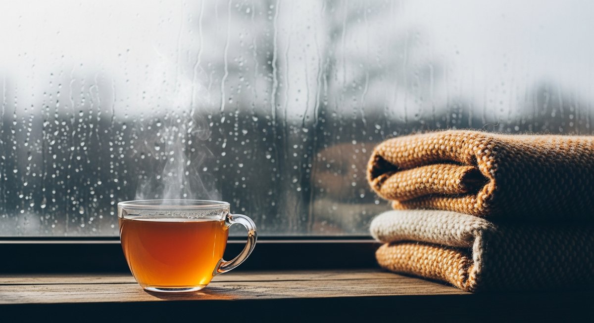 Tasse de tisane fumante près d'une fenêtre sous la pluie